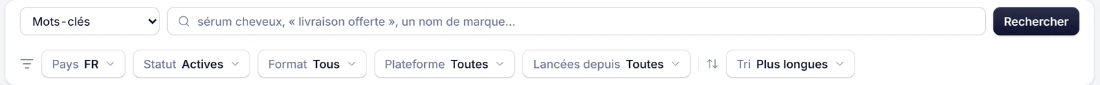 La recherche dans la bibliothèque publicitaire Meta, avec ses filtres