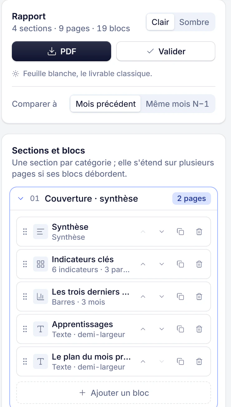 L'éditeur de rapport : sections et blocs